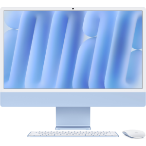 Apple iMac 24 M4 bleu vue avant avec clavier et souris