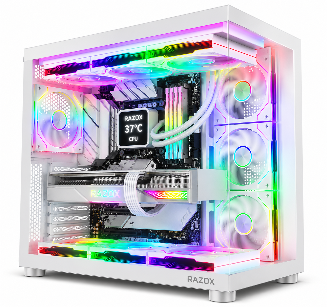 Boîtier PC gaming Razox Arctic V1 blanc verre panoramique 7 ventilateurs ARGB