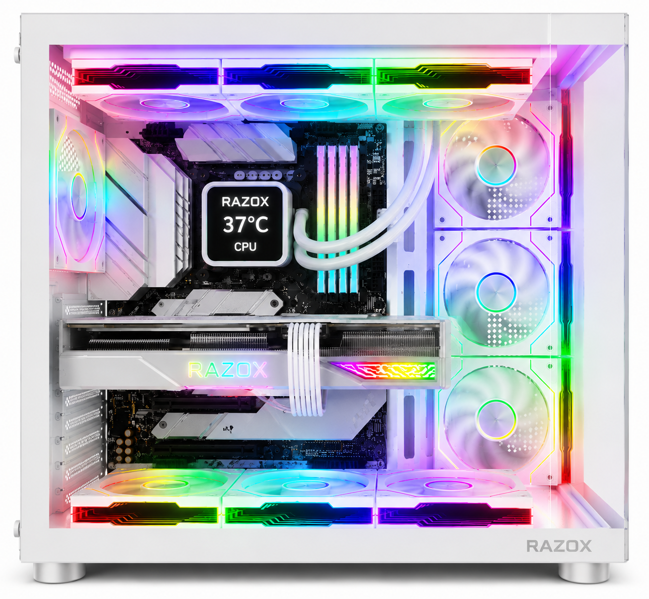 Boîtier PC gaming Razox Arctic V1 blanc verre panoramique 7 ventilateurs ARGB