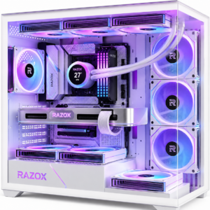 Boîtier PC gaming Razox Glacier V1 blanc vue 270 degrés 7 ventilateurs ARGB Infinity Mirror