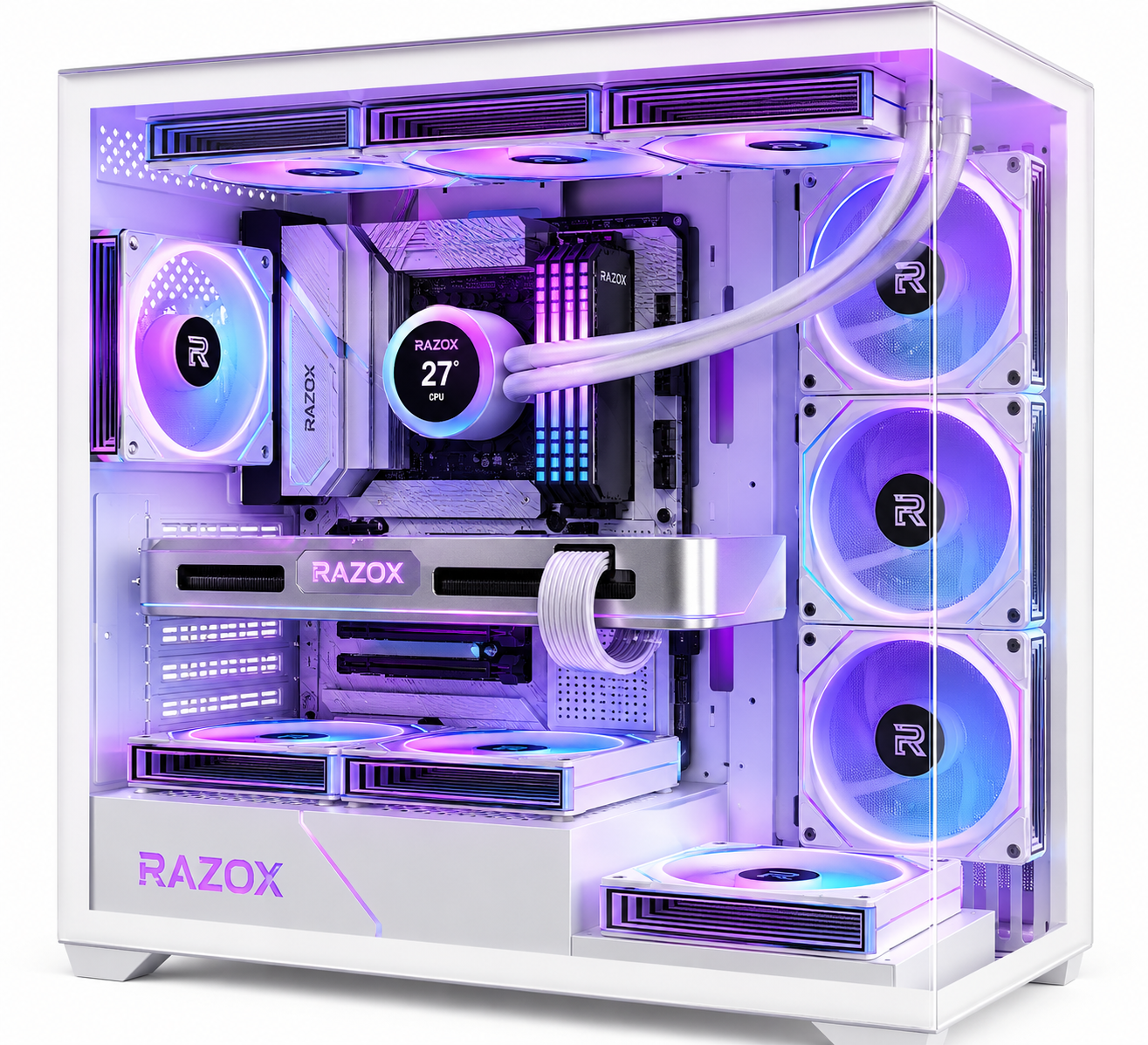 Boîtier PC gaming Razox Glacier V1 blanc vue 270 degrés 7 ventilateurs ARGB Infinity Mirror