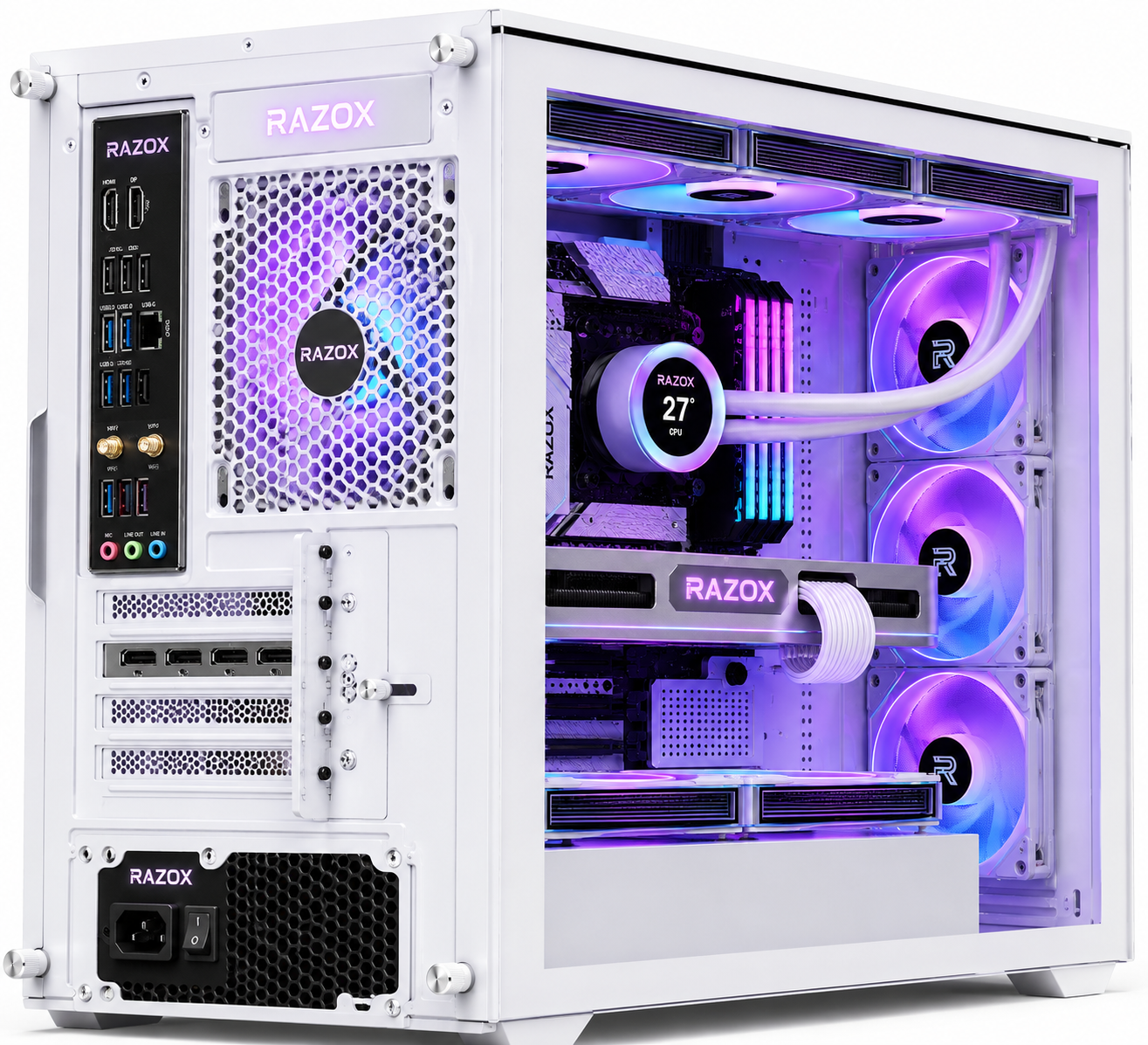 Boîtier PC gaming Razox Glacier V1 blanc vue 270 degrés 7 ventilateurs ARGB Infinity Mirror