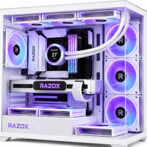 Boîtier PC gaming Razox Glacier V1 blanc vue 270 degrés 7 ventilateurs ARGB Infinity Mirror