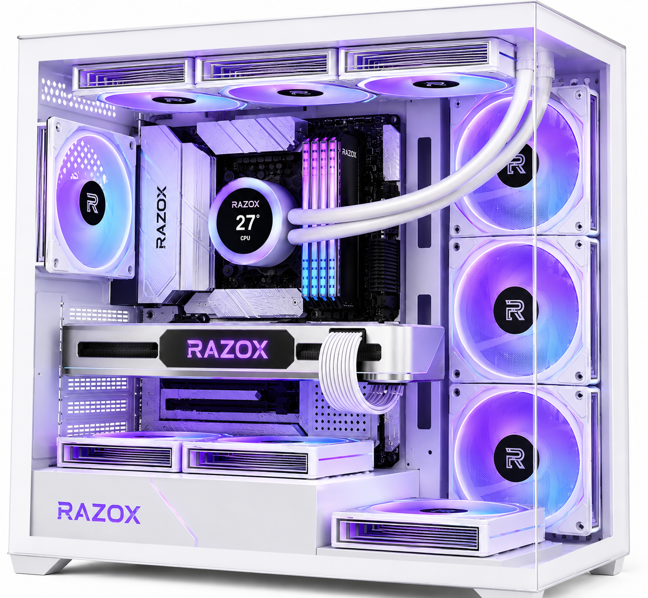 Boîtier PC gaming Razox Glacier V1 blanc vue 270 degrés 7 ventilateurs ARGB Infinity Mirror