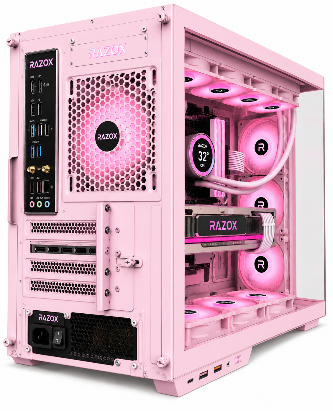 Boîtier PC gaming Razox Sakura V1 rose verre panoramique ventilateurs ARGB
