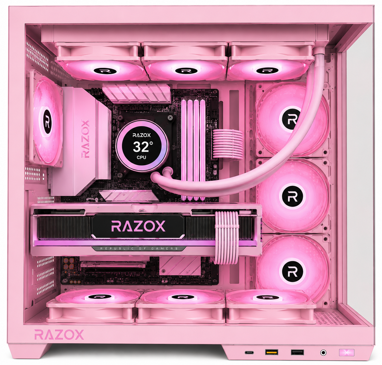 Boîtier PC gaming Razox Sakura V1 rose verre panoramique ventilateurs ARGB